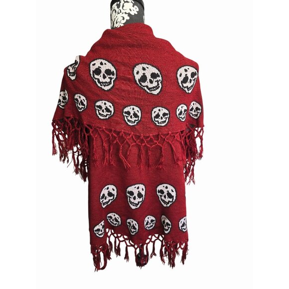 Burgundy Maroon Red & Black Skull Poncho Shawl With Fringe OS Whimsigoth - Picture 2 of 5